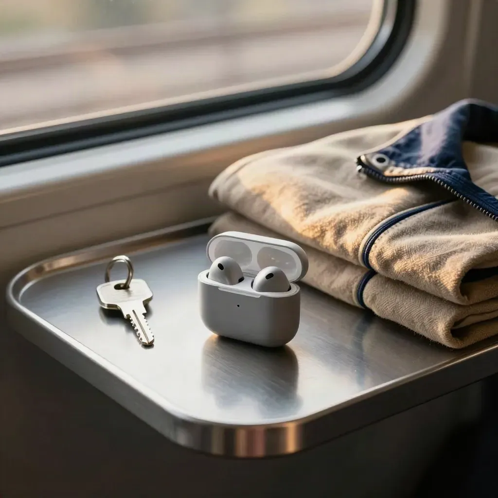 Earbuds case closing on a train tray table beside keys and a folded jacket in warm daylight