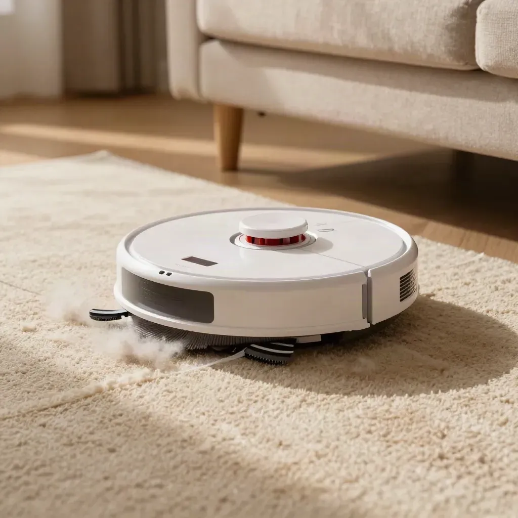 Robot vacuum pivoting through pet hair on a wool rug beside a sofa leg in soft afternoon light
