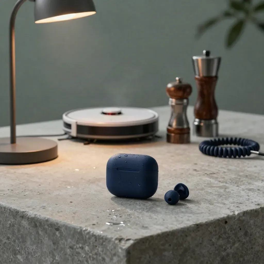 Rainy low-angle still life of earbuds, lamp, robot vacuum dock, grinder, and charger on pale stone.