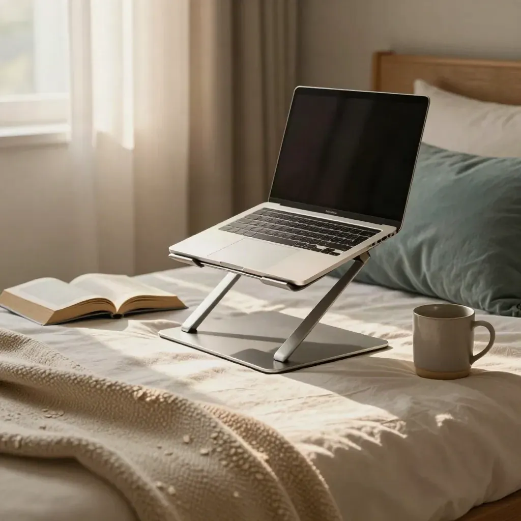 Low side view of a laptop stand, slim laptop, blanket, book, and mug in a sunlit bedroom nook.