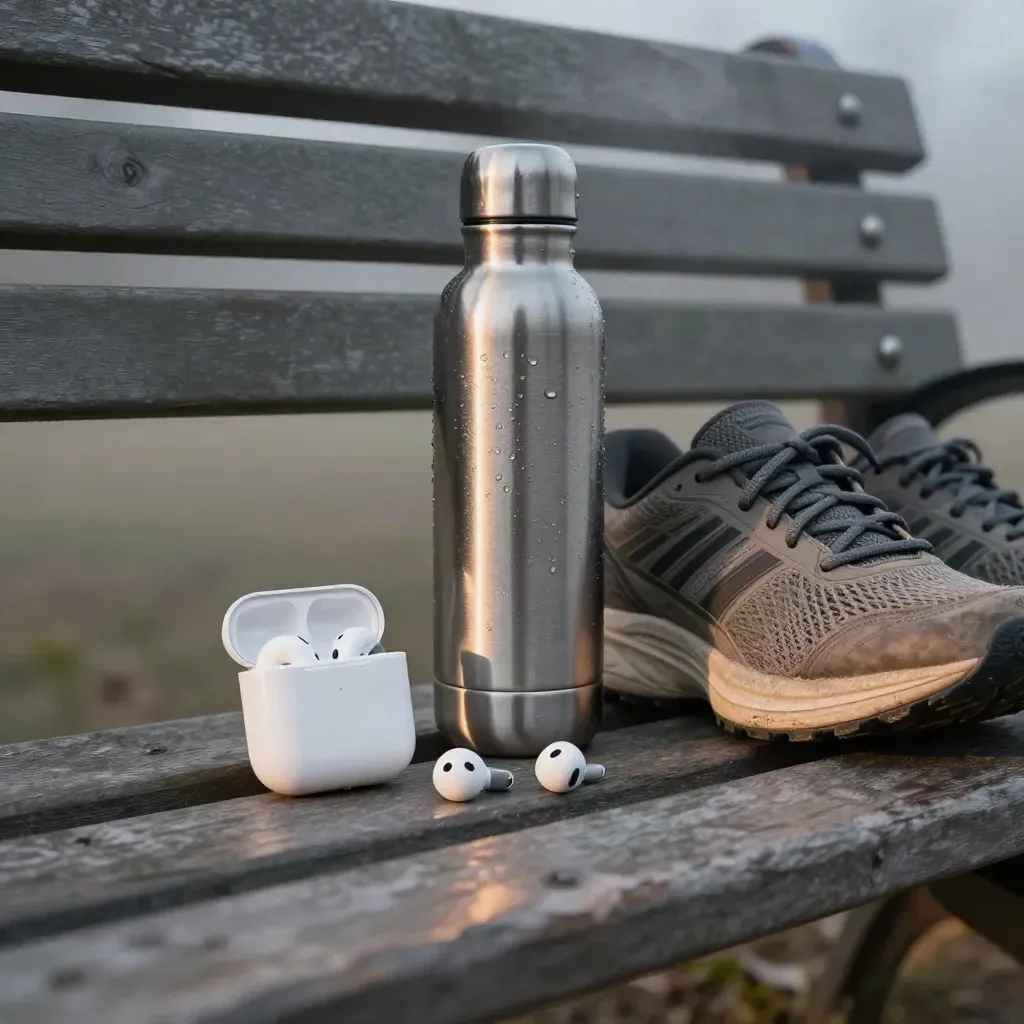 Earbuds, running shoe, and water bottle on a park bench in misty morning light.