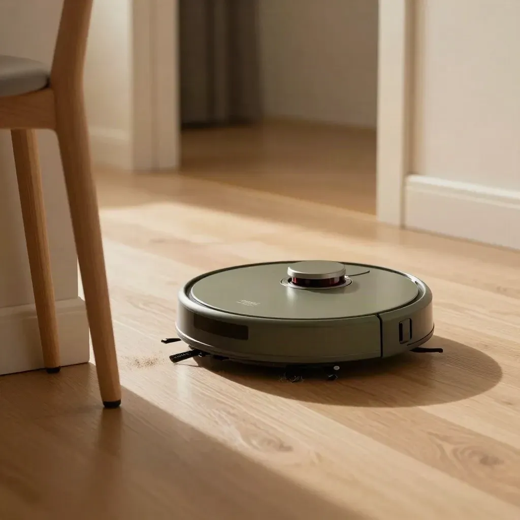 Robot vacuum gliding past chair legs on hard flooring with pet hair by a baseboard