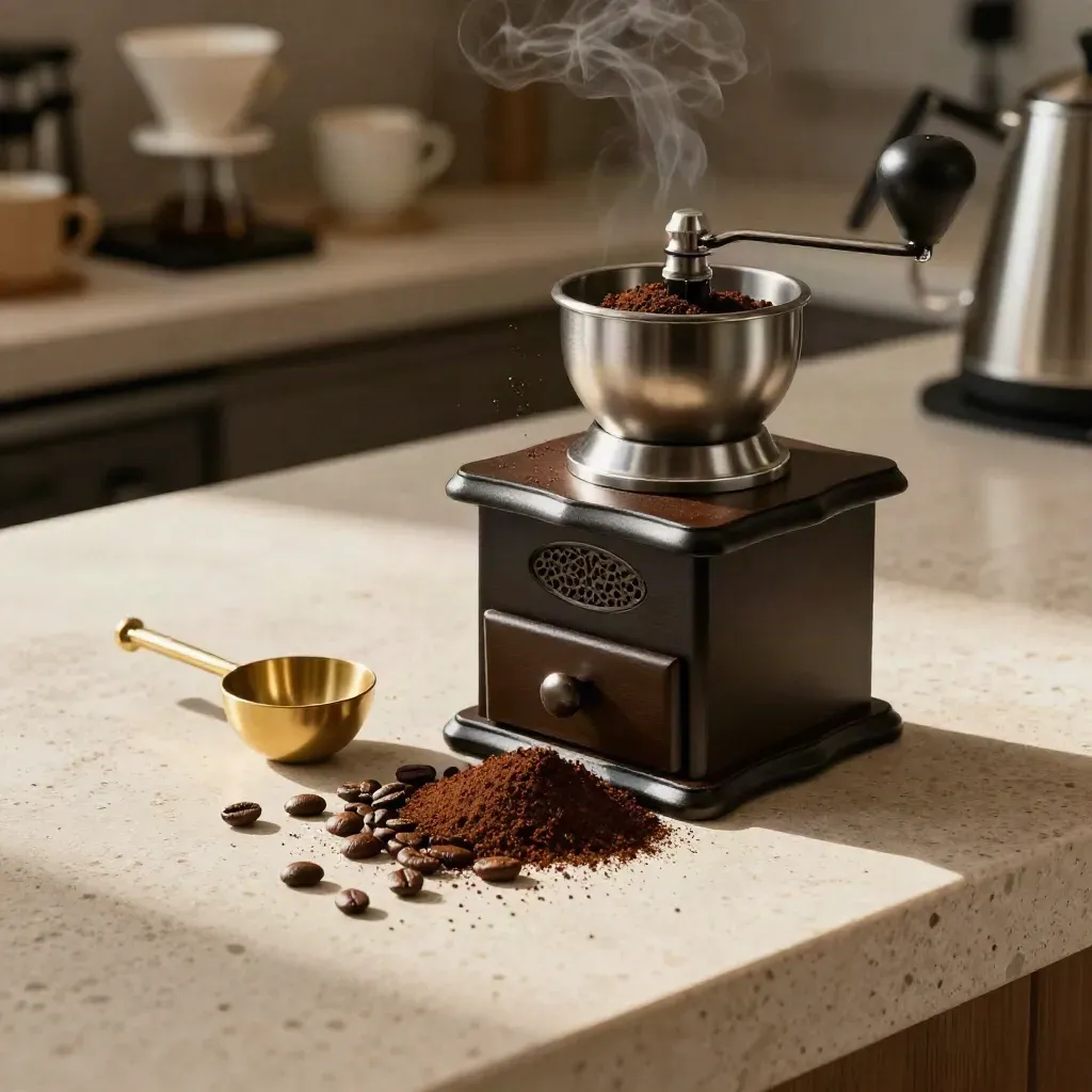 Coffee grinder, scoop, cup, and beans on travertine with fresh grounds and steam