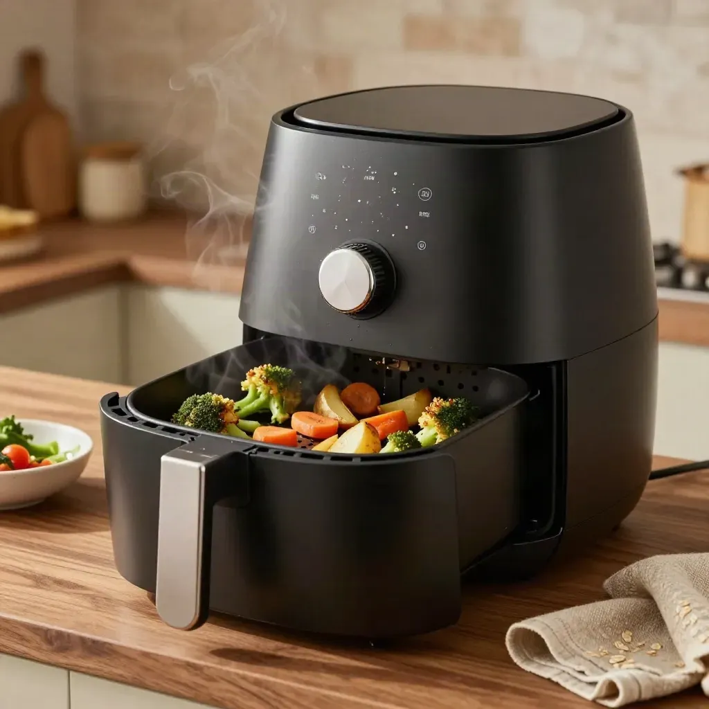 Air fryer open on a warm kitchen counter with roasted vegetables, steam, and a bowl of fresh cut veg.