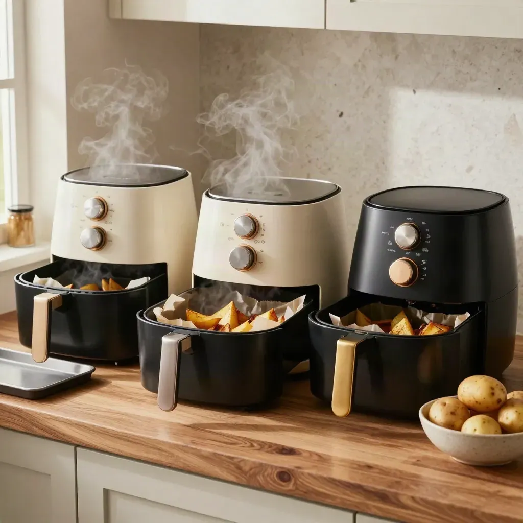 Three open air fryers with potatoes on a butcher-block counter in warm kitchen light.