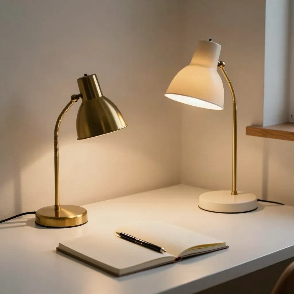 Two desk lamps cast different warm pools of light on a plaster desktop with notebook and pen.