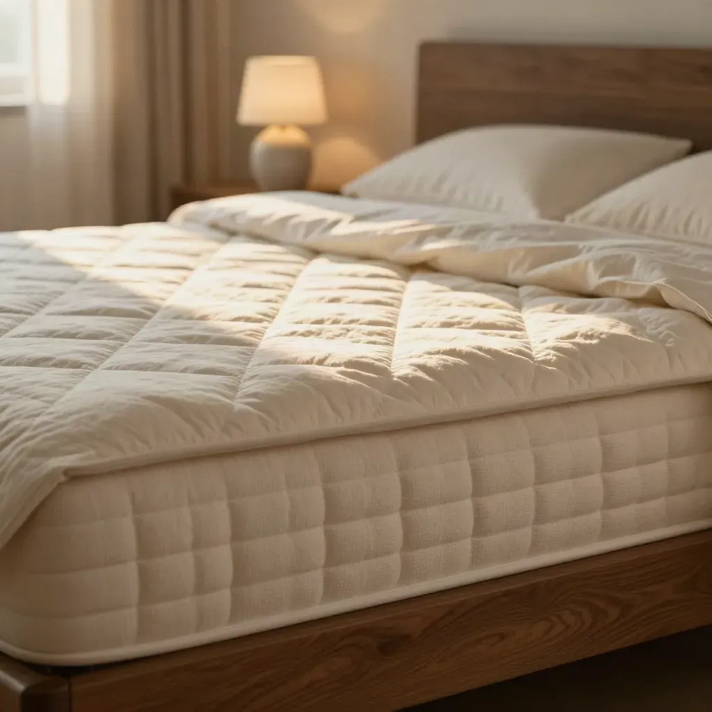 Mattress topper peeled back in a hazy bedroom beside folded linens and a ceramic lamp.