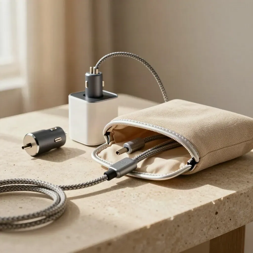 Open charger pouch on a stone desk with braided cables, compact adapters, and warm window light.