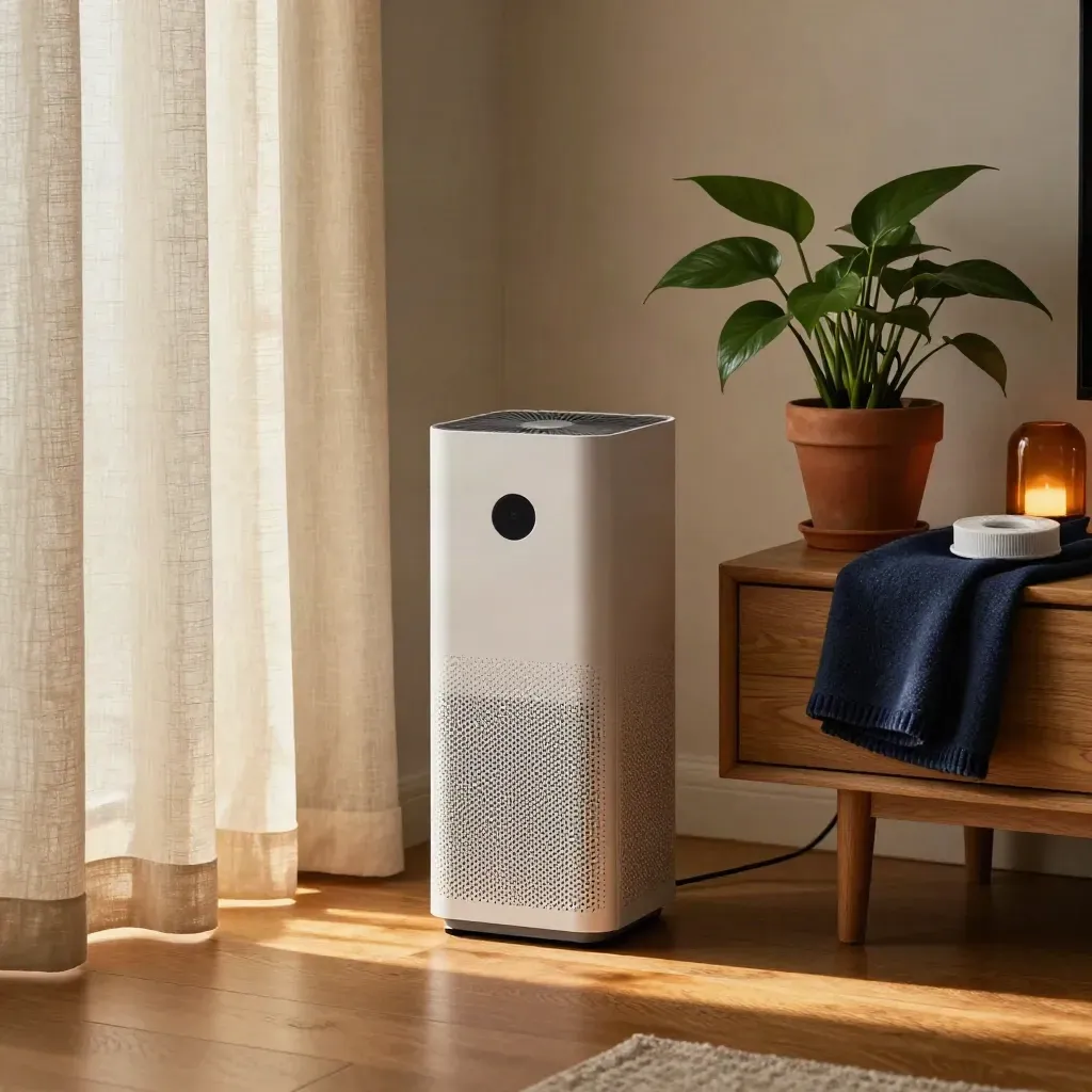 Floor-level view of a tower air purifier beside a curtain, plant, and low table in a sunlit living room corner.