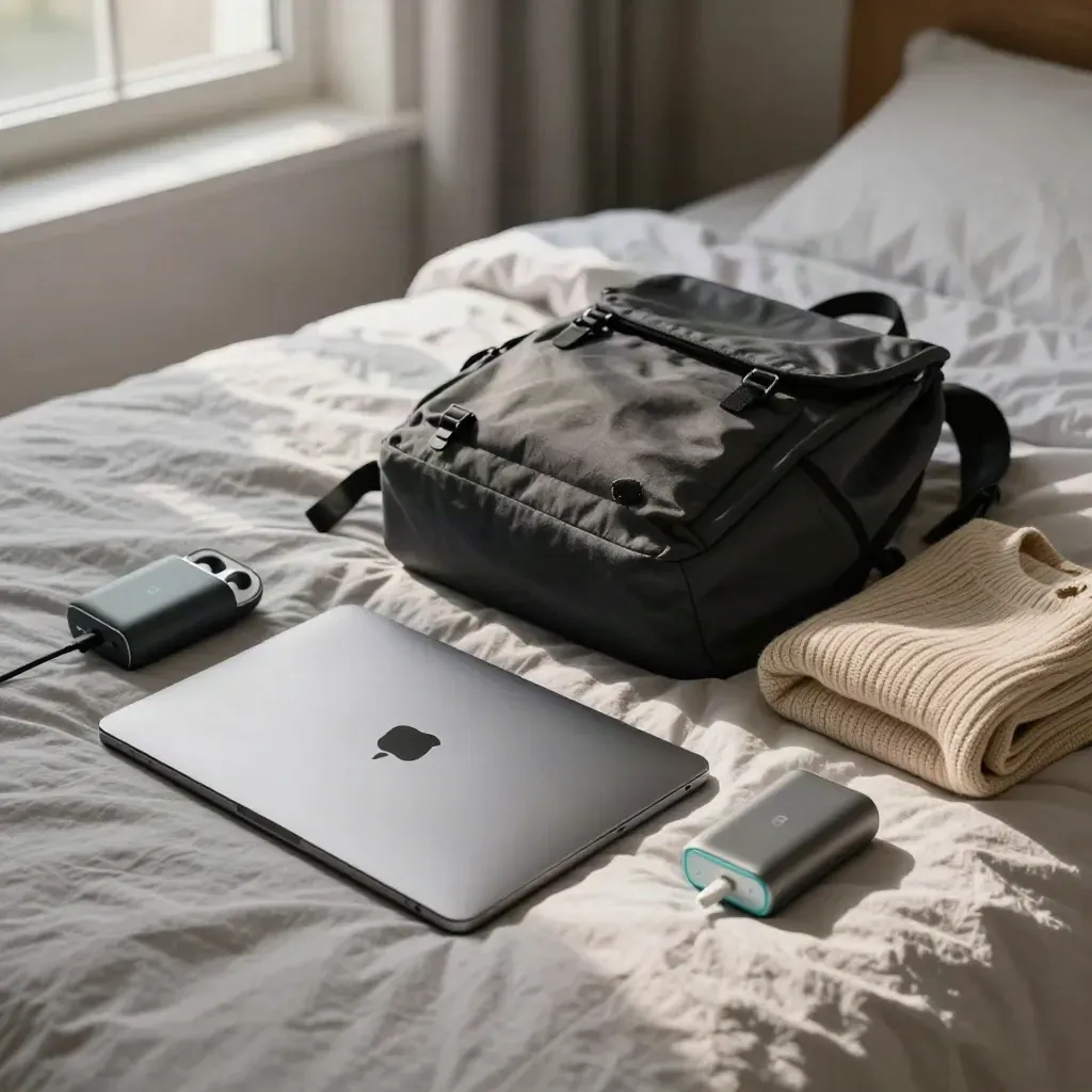 Back-to-school tech items packed on a dorm bed in soft morning light.