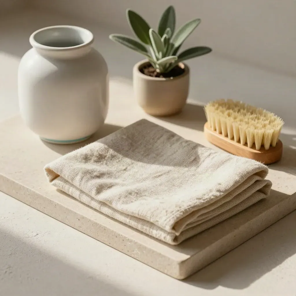 White ceramic vessel, linen towel, scrub brush, and plant on a pale tray under soft side light.