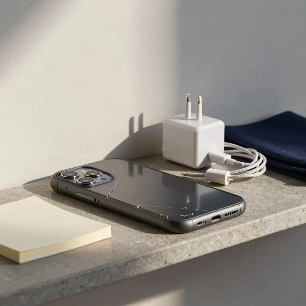 Cracked phone case, cheap charger block, and cable scraps on a stone shelf with a navy cloth accent.